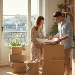 Un couple déplace des boîtes dans un nouvel appartement lumineux.