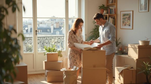 Un couple déplace des boîtes dans un nouvel appartement lumineux.